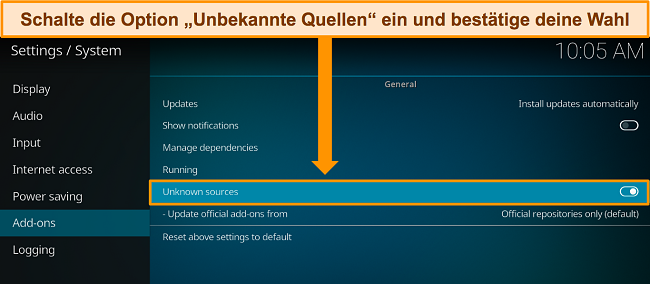 Screenshot von Kodi-Add-Ons mit Anweisungen zum Umschalten der Option „Unbekannte Quellen“.