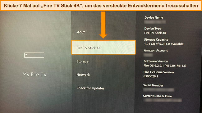 Screenshot des Amazon Fire Stick-Menüs „Mein Fire TV“ mit hervorgehobenem Fire TV Stick 4K, der den Vorgang zum Entsperren des versteckten Entwicklermenüs beschreibt.