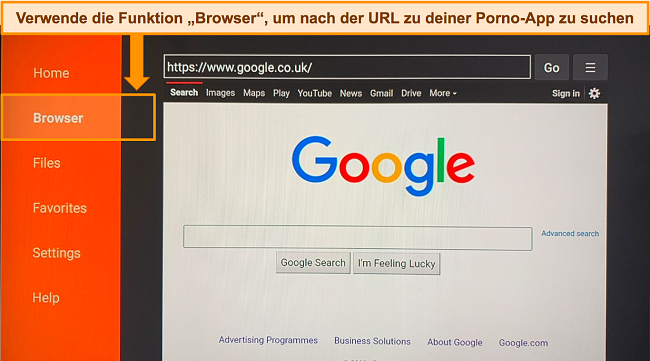 Screenshot der Downloader-App mit hervorgehobener Browser-Funktion.