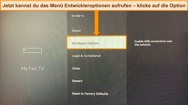 Screenshot des Menüs „Mein Fire TV“ des Amazon Fire Sticks mit dem jetzt entsperrten Menü „Entwickleroptionen“.