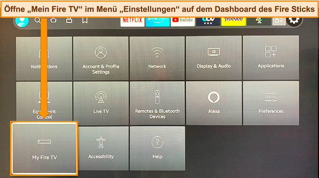 Screenshot des Amazon Fire Stick-Dashboards mit Hervorhebung der Option My Fire TV im Einstellungsmenü.