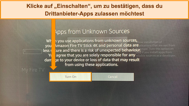 Screenshot der Pop-up-Nachricht, in der Sie aufgefordert werden, die Auswahl zu bestätigen, Apps von Drittanbietern zuzulassen, da das potenzielle Risiko von Geräteschäden oder Datenverlust besteht.