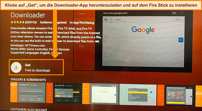 Screenshot der Downloader-App im Amazon App Store mit hervorgehobener Option „Abrufen“.
