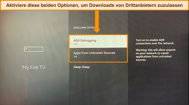 Screenshot des Menüs „Entwickleroptionen“, das den Benutzer anweist, „ADB-Debugging“ und „Apps aus unbekannten Quellen“ zu aktivieren.