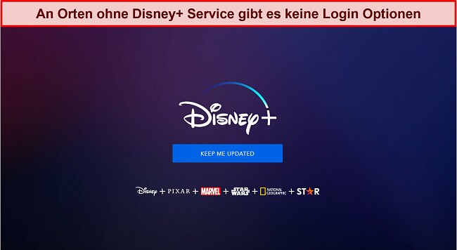Screenshot der Startseite von Disney+ ohne Anmelde- oder Kontooptionen, nur eine Nachricht mit der Aufschrift „Halten Sie mich auf dem Laufenden.