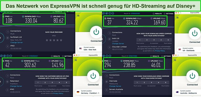 Screenshots der Ookla-Geschwindigkeitstestergebnisse mit ExpressVPN, das mit Servern in den USA, Großbritannien, Deutschland und Australien verbunden ist.