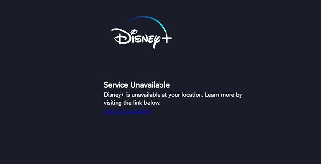 Disney Plus service unavailable message that appears when you try to access it from outside of a Disney Plus location.