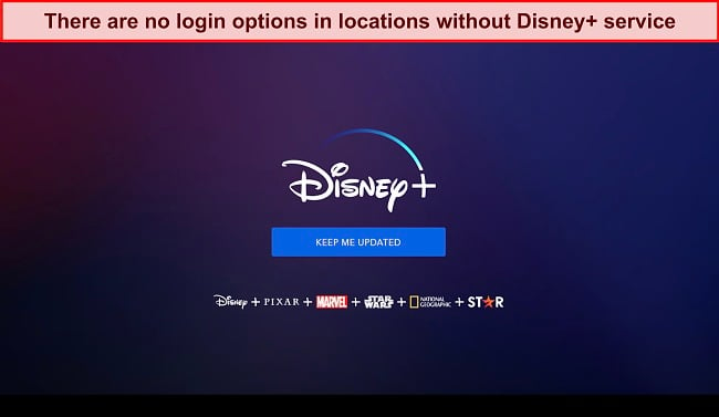 Screenshot of Disney+ homepage with no login or account options, just a message that reads 
