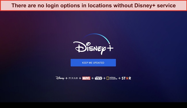 Screenshot of Disney+ homepage with no login or account options, just a message that reads "keep me updated."