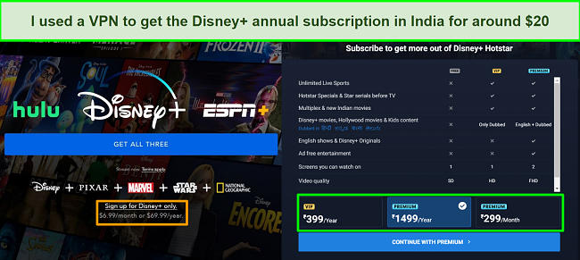 Price comparison between Disney+ subscription in the US and Disney+ Hotstar subscription