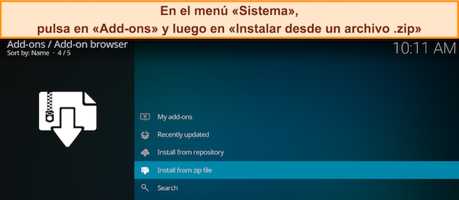Captura de pantalla del menú de complementos de Kodi, que muestra la opción 'Instalar desde archivo zip'.