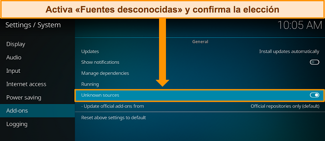 Captura de pantalla de los complementos de Kodi, con instrucciones para activar la opción Fuentes desconocidas.