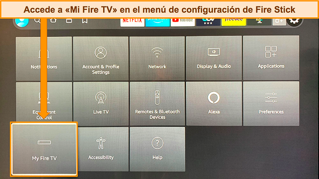 Captura de pantalla del panel de Amazon Fire Stick, resaltando la opción My Fire TV en el menú de configuración.