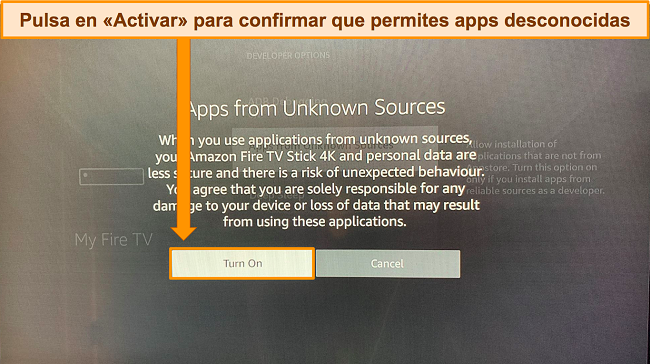Captura de pantalla del mensaje emergente que solicita confirmar la opción de permitir aplicaciones de terceros debido al riesgo potencial de daño del dispositivo o pérdida de datos.