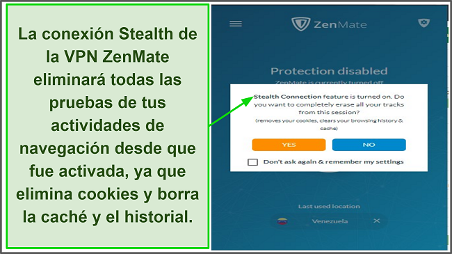 Captura de pantalla que muestra Stealth Connection de ZenMate VPN activada y eliminando las pistas de usuario de la sesión de navegación