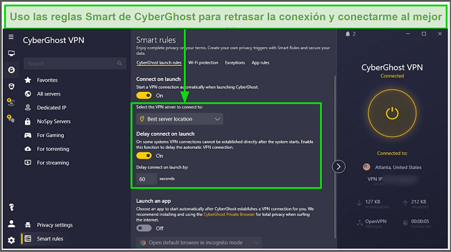 Captura de pantalla de la aplicación CyberGhost que muestra reglas inteligentes configuradas