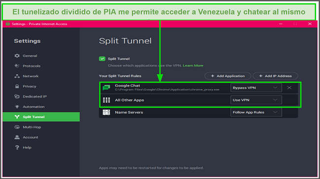 Captura de pantalla de la pantalla de configuración del túnel dividido de Private Internet Access que muestra una aplicación de chat usando una conexión sin VPN