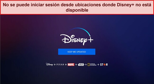 Captura de pantalla de la página de inicio de Disney+ sin inicio de sesión ni opciones de cuenta, solo un mensaje que dice 