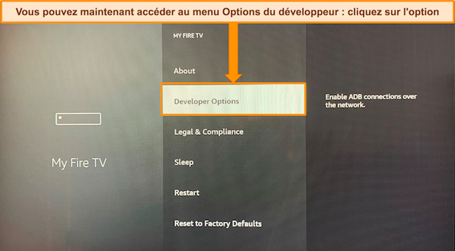 Capture d'écran du menu « My Fire TV » d'Amazon Fire Stick avec le menu Options du développeur désormais déverrouillé.