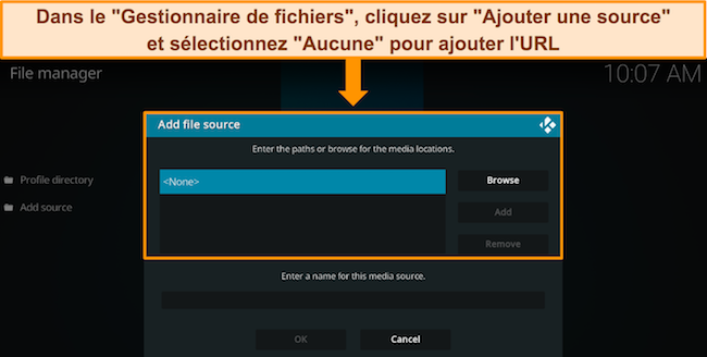 Capture d'écran de Kodi File Manager, avec « Ajouter une source de fichier » et « Aucun » en surbrillance.