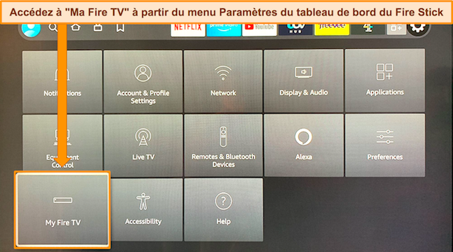 Capture d'écran du tableau de bord Amazon Fire Stick, mettant en évidence l'option My Fire TV dans le menu des paramètres