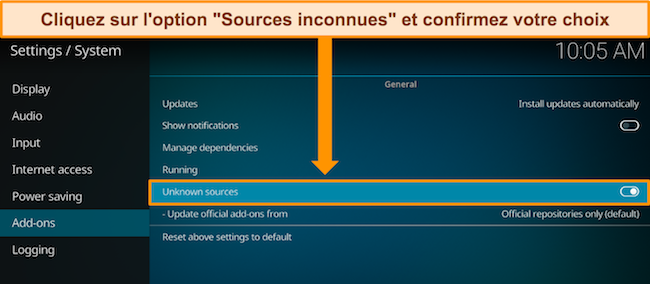 Capture d'écran des modules complémentaires Kodi, avec des instructions pour activer l'option Sources inconnues.