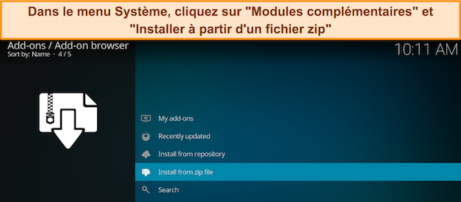 Capture d'écran du menu complémentaire de Kodi, montrant l'option « Installer à partir d'un fichier zip ».