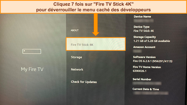 Capture d'écran du menu « My Fire TV » d'Amazon Fire Stick avec Fire TV Stick 4K en surbrillance, détaillant le processus de déverrouillage du menu développeur caché.