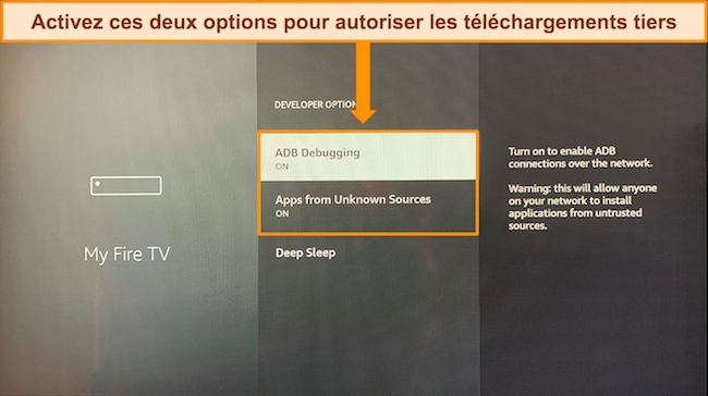 Capture d'écran du menu Options du développeur demandant à l'utilisateur d'activer « Débogage ADB » et « Applications provenant de sources inconnues ».