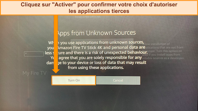 Capture d'écran d'un message contextuel demandant de confirmer le choix d'autoriser les applications tierces en raison d'un risque potentiel d'endommagement de l'appareil ou de perte de données.