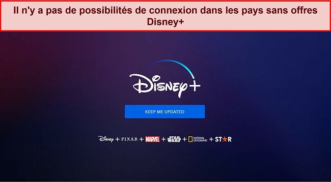 Capture d'écran de la page d'accueil de Disney+ sans options de connexion ou de compte, juste un message indiquant