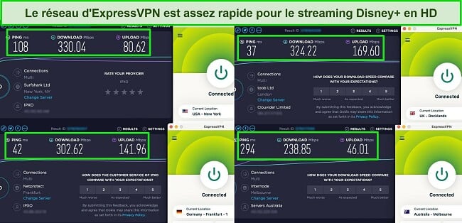 Captures d'écran des résultats du test de vitesse Ookla avec ExpressVPN connecté à des serveurs aux États-Unis, au Royaume-Uni, en Allemagne et en Australie