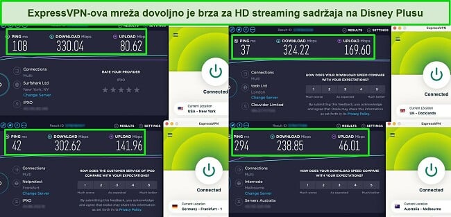 Snimke zaslona rezultata testa brzine Ookla s ExpressVPN-om povezanim s poslužiteljima u SAD-u, UK-u, Njemačkoj i Australiji.