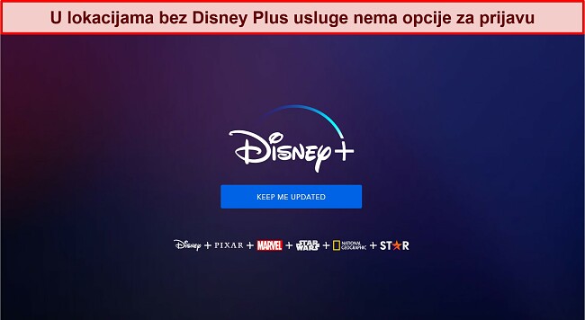 Snimka zaslona početne stranice Disney+ bez mogućnosti prijave ili računa, samo poruka koja glasi 