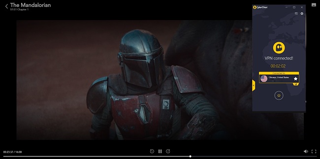 screenshot of the mandalorian playing on disney plus with cyberghost