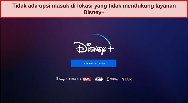 Cuplikan layar beranda Disney+ tanpa opsi login atau akun, hanya pesan yang berbunyi 