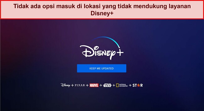 Cuplikan layar beranda Disney+ tanpa opsi login atau akun, hanya pesan yang berbunyi "terus perbarui saya.