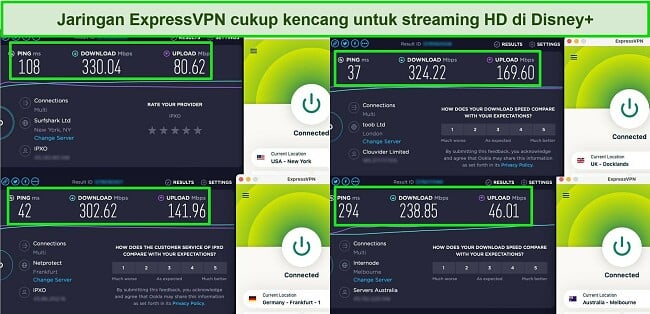 Cuplikan layar hasil tes kecepatan Ookla dengan ExpressVPN terhubung ke server di AS, Inggris, Jerman, dan Australia.