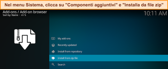Screenshot del menu dei componenti aggiuntivi di Kodi, che mostra l'opzione 