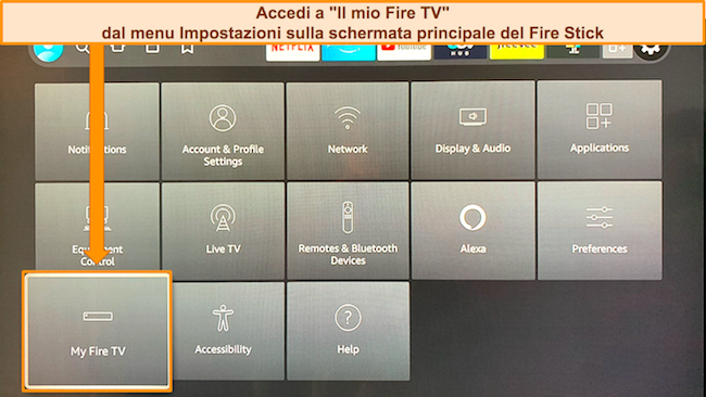 Screenshot della dashboard di Amazon Fire Stick, che evidenzia l'opzione My Fire TV nel menu delle impostazioni