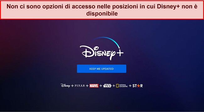 Screenshot della home page di Disney+ senza opzioni di accesso o account, solo un messaggio che dice "tienimi aggiornato