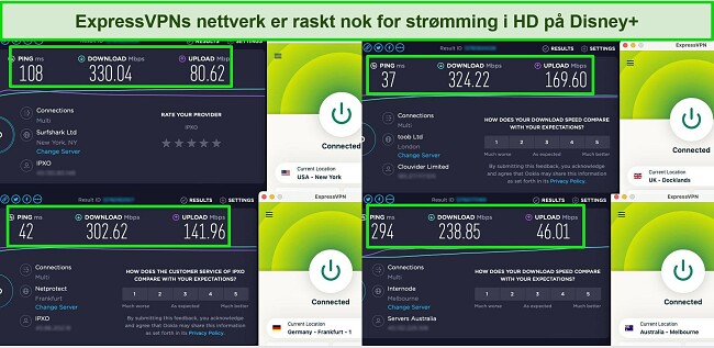 Skjermbilder av Ookla hastighetstestresultater med ExpressVPN koblet til servere i USA, Storbritannia, Tyskland og Australia.