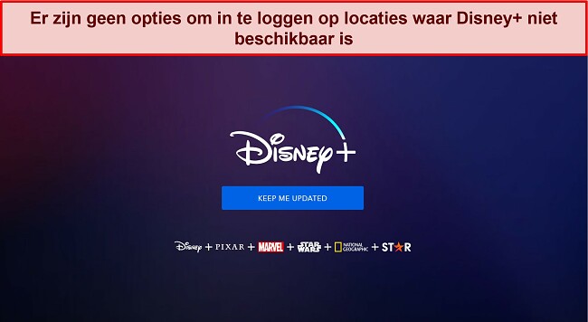 Screenshot van de startpagina van Disney+ zonder aanmeldings- of accountopties, alleen een bericht met de tekst 
