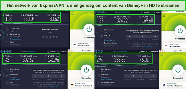 Screenshots van Ookla snelheidstestresultaten met ExpressVPN verbonden met servers in de VS, het VK, Duitsland en Australië.