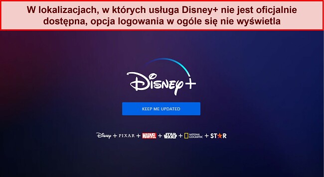 Zrzut ekranu strony głównej Disney+ bez opcji logowania ani opcji konta, tylko komunikat o treści „Informuj mnie na bieżąco.