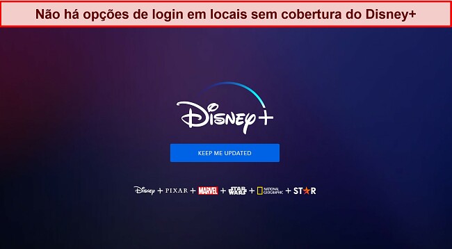 Captura de tela da página inicial do Disney+ sem opções de login ou conta, apenas uma mensagem que diz 
