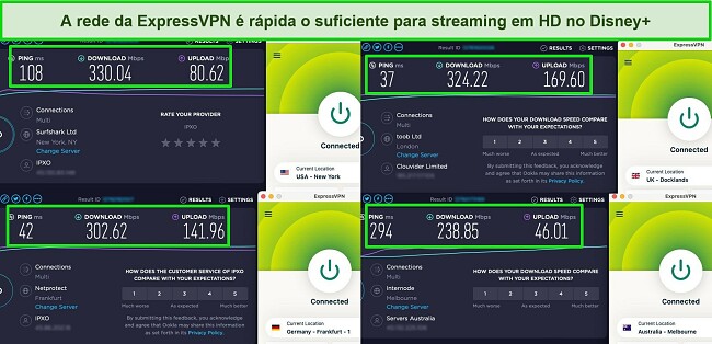Capturas de tela dos resultados do teste de velocidade Ookla com ExpressVPN conectado a servidores nos EUA, Reino Unido, Alemanha e Austrália.