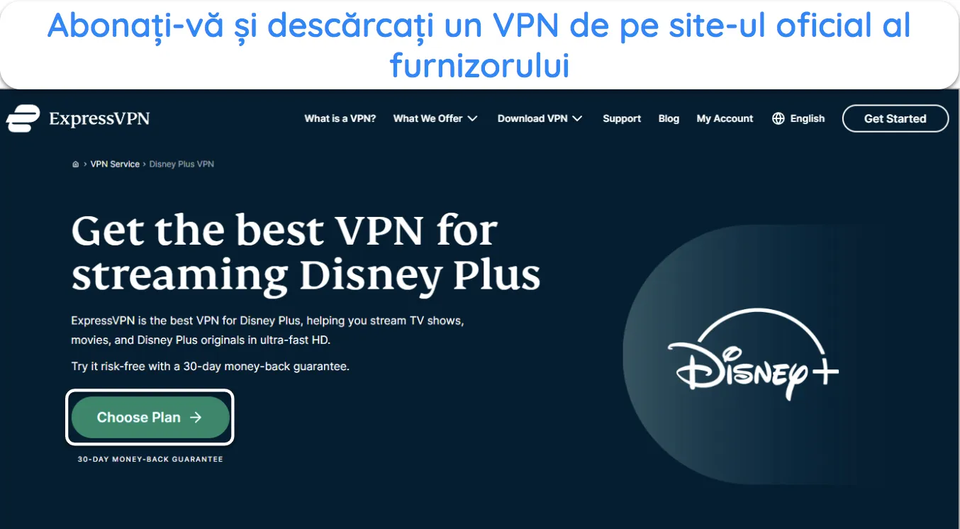 captură de ecran a paginii web Disney+ a ExpressVPN, cu butonul „Alege plan” evidențiat.