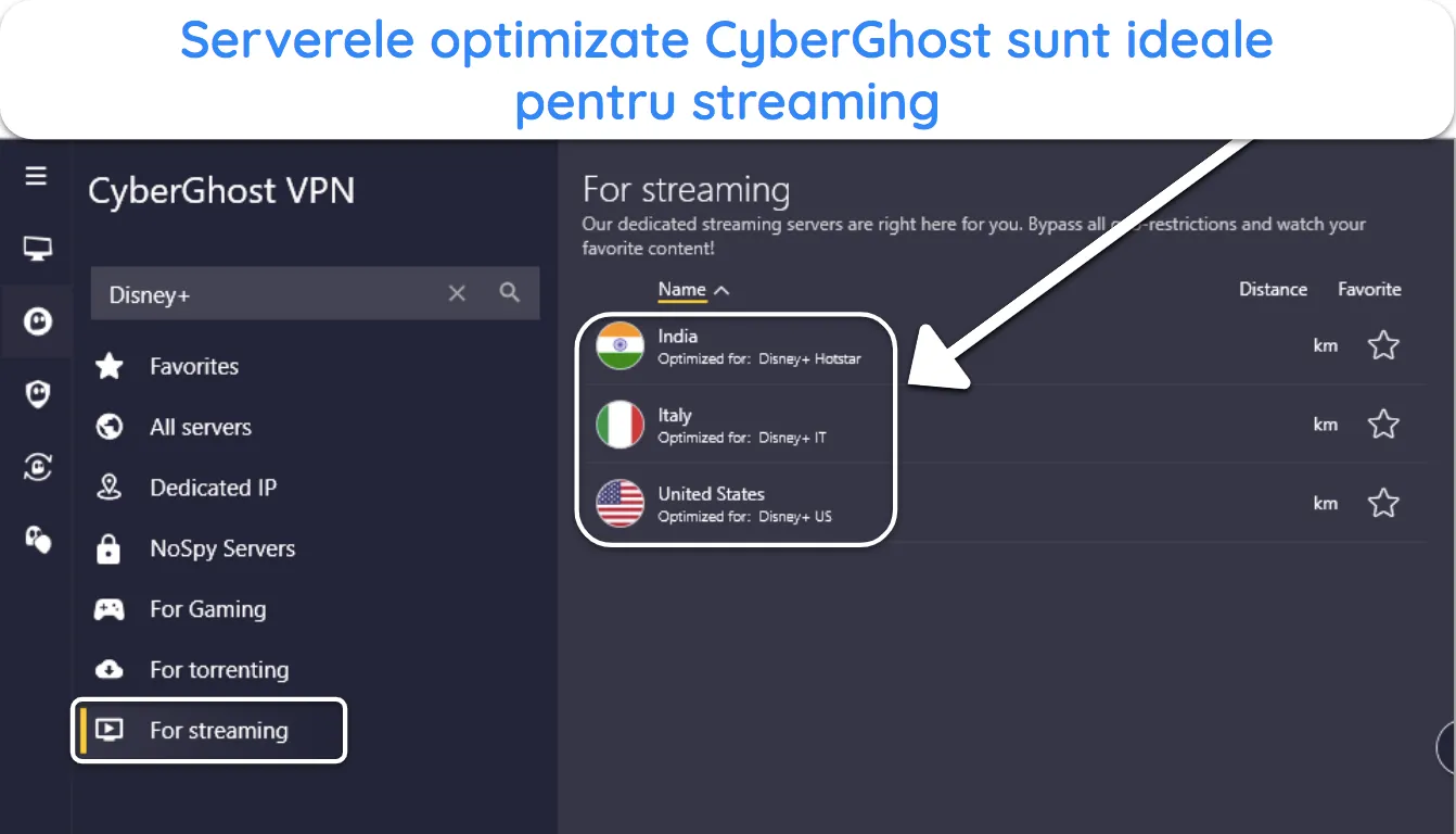 imagine a aplicației CyberGhost pentru Windows, evidențiind serverele de streaming optimizate pentru Disney+.