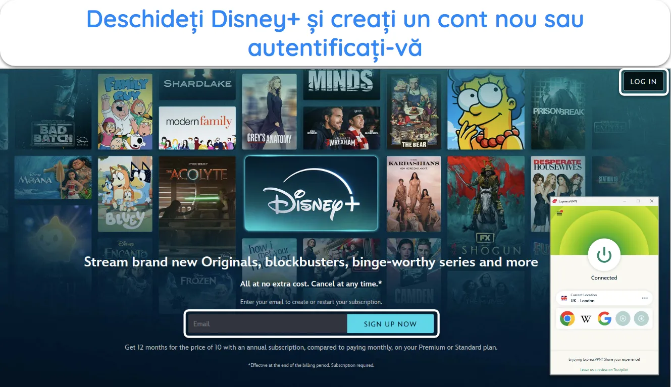 imaginea site-ului Disney+ într-un browser cu ExpressVPN conectat la un server din Marea Britanie-Londra.